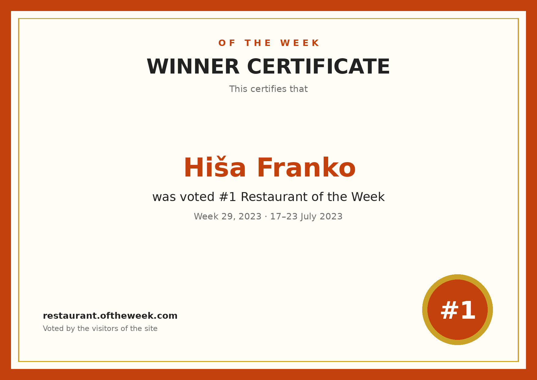 Certificate — Hiša Franko