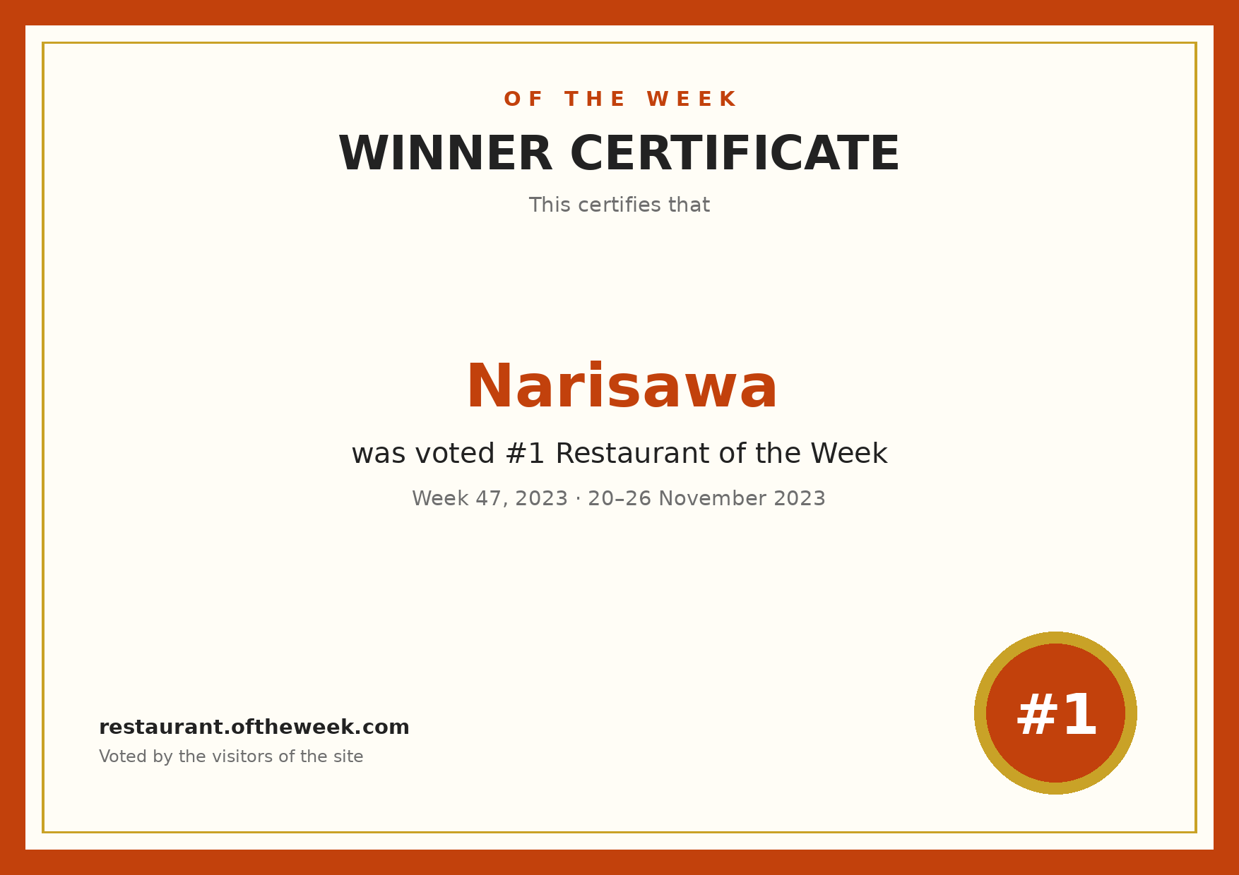 Certificate — Narisawa